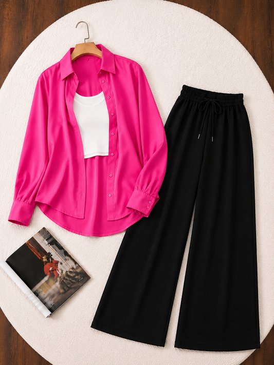 (TRIO PACK) SHOCKING PINK BUTTON DOWN SHIRT WITH WHITE INNER AND BLACK FLAPPER TROUSER.
